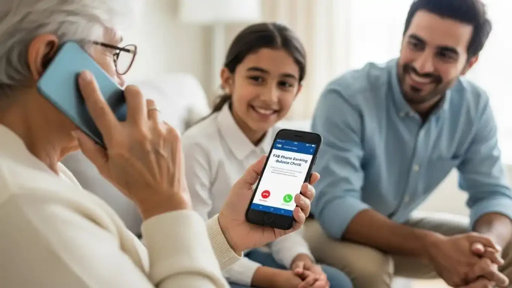 Fab balance check via phone banking, showing elderly customer calling bank support with family assistance.