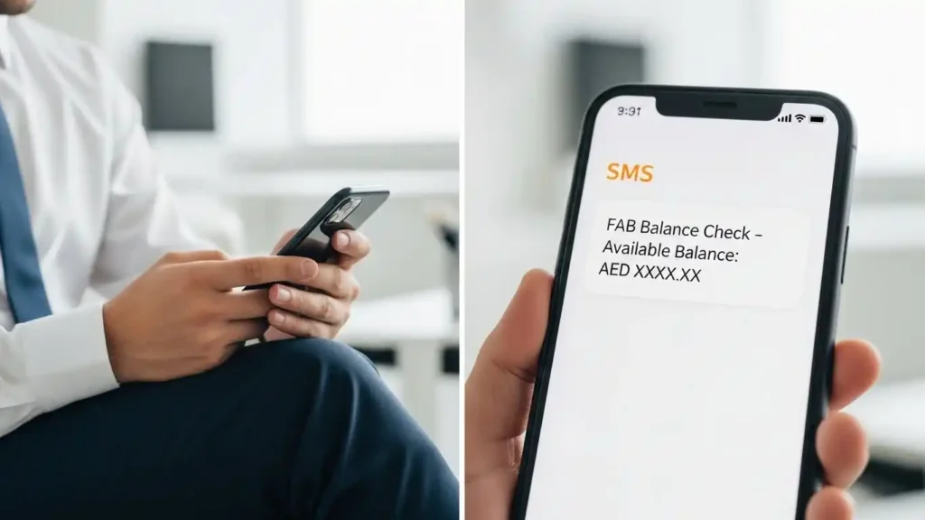 Fab balance check via SMS banking showing salary and account balance message on mobile phone.