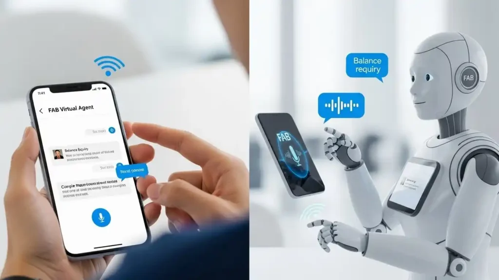 Fab balance check through AI virtual agent shown on smartphone with automated balance enquiry interface.