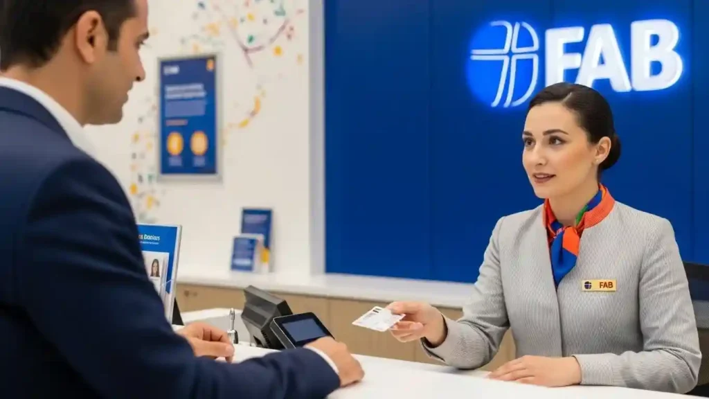 Fab balance check at bank branch where customer requests account balance from FAB staff member.