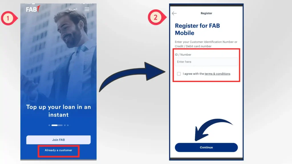 Register for fab mobile app by entering card id for fab balance check.