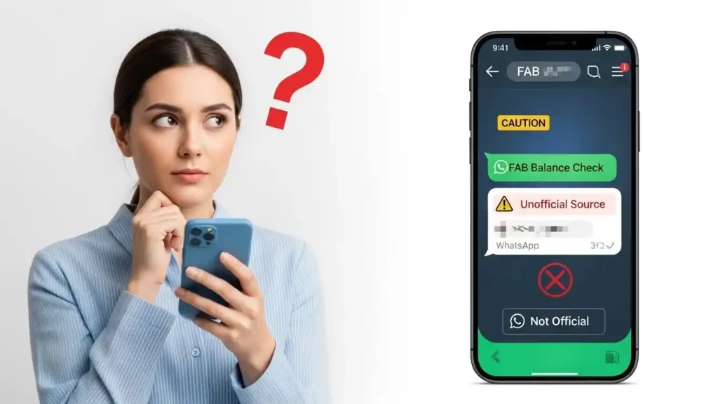 Fab balance check via WhatsApp shown as unofficial source on mobile screen, warning users about unsafe balance enquiry.