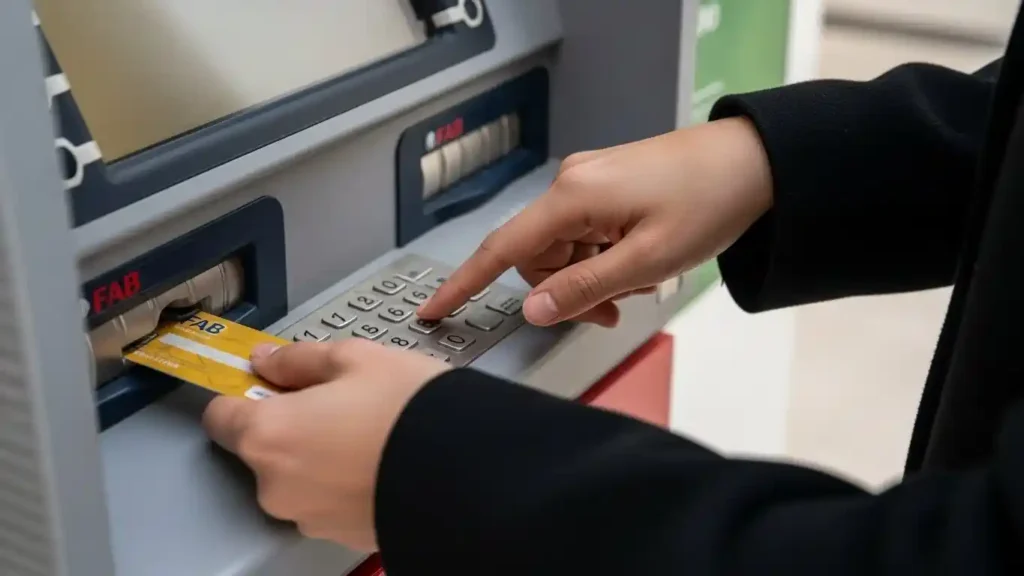 A personentering PIN during fab atm balance check at ATM