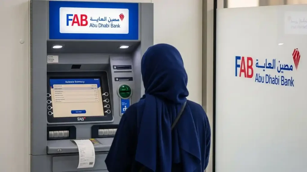 A women check fab atm balance check process at FAB ATM machine during balance inquiry