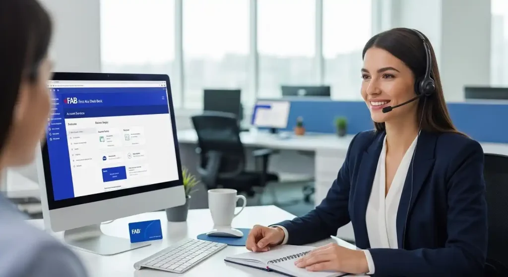 Professional female agent providing FAB customer care support in a modern banking call center office