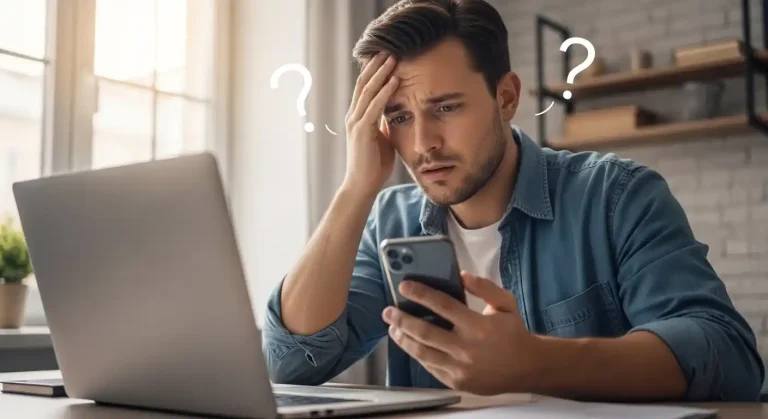 Worried person checking phone and laptop as FAB salary not credited in UAE