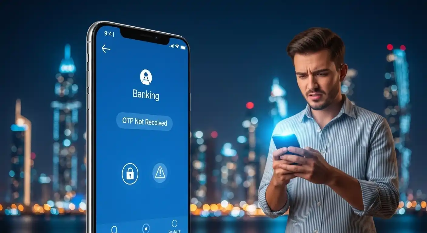 User facing FAB OTP not received issue on mobile banking app in UAE with error message and security alert