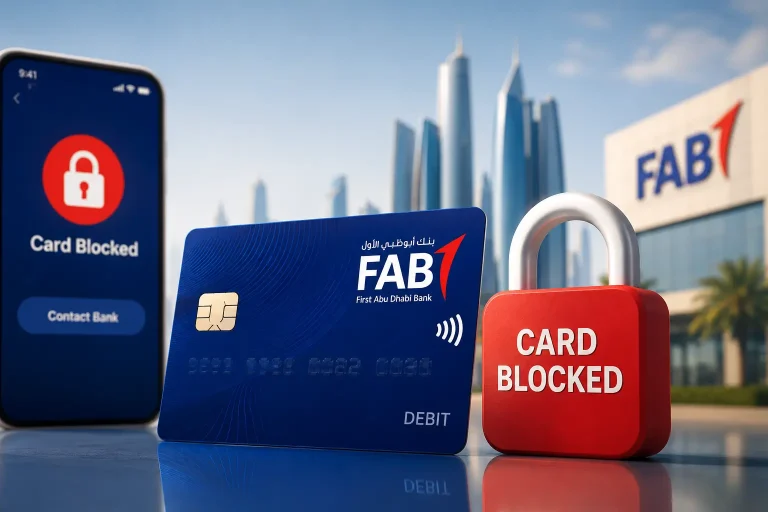 FAB debit card blocked illustration showing a locked debit card beside an ATM screen with a card blocked warning in a UAE banking security concept.