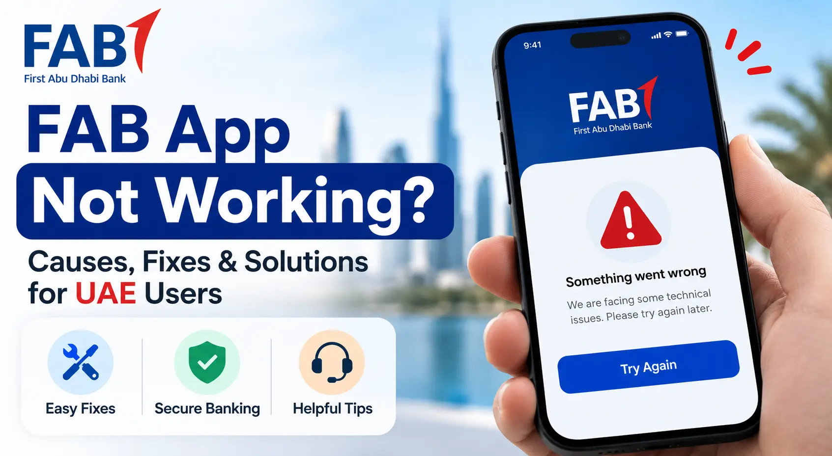 Illustration showing a FAB Mobile Banking app error screen with common troubleshooting solutions for users experiencing the FAB app not working issue in the UAE.